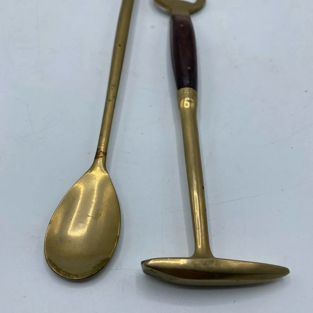 Vintage Brass Barware Bottle Opener Hammer /ice pick Wood Handle Stirring Spoon